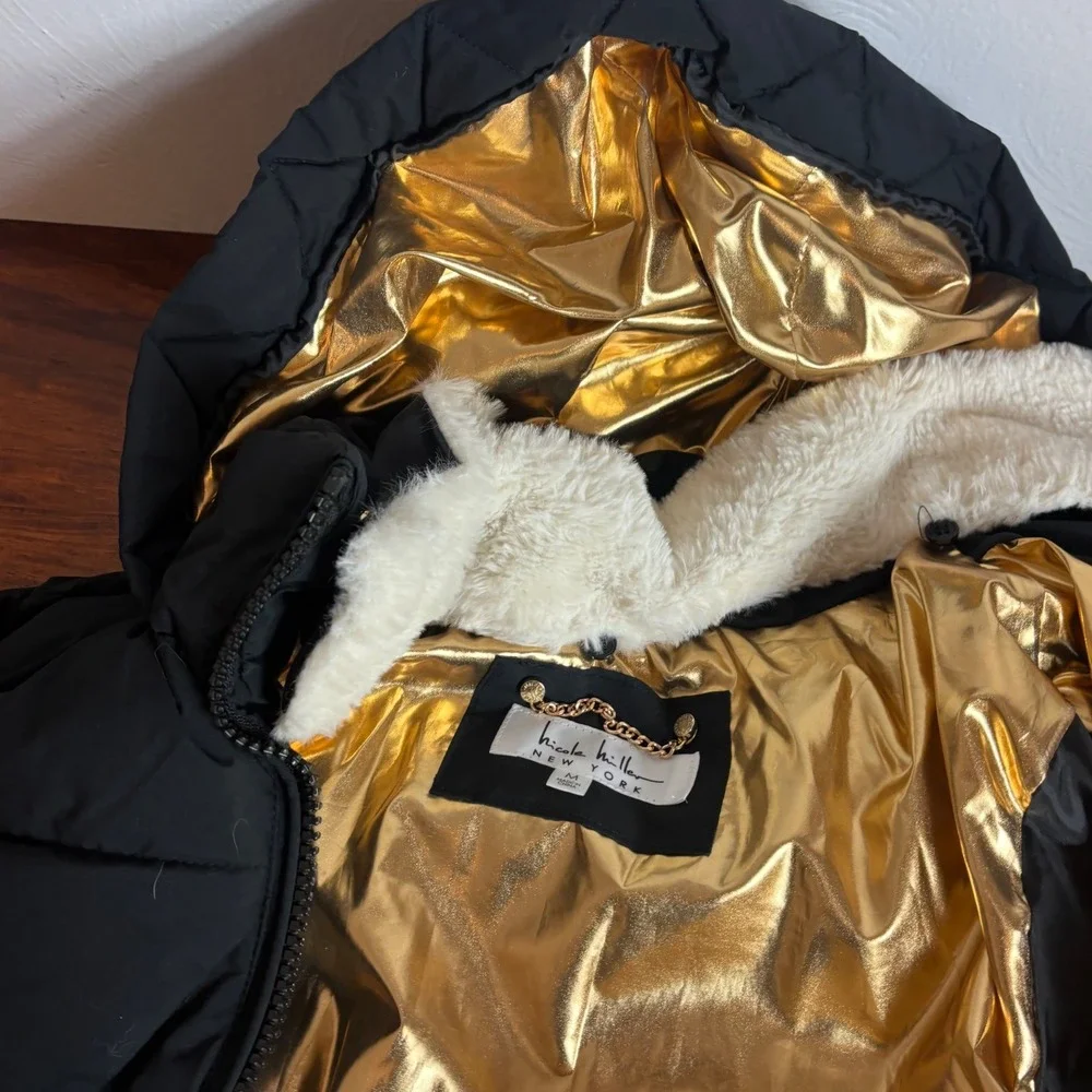 Nicole Miller New York Womens Black Gold Puffer‎ Jacket Metallic Hooded Size M